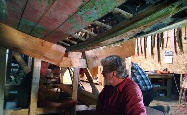 Volunteers Joe Kenneally, Bill Burrows and Guy Hazelton shaping the transom for the Eleanor